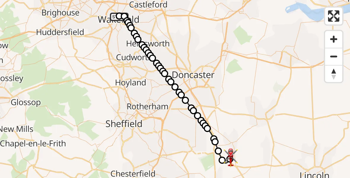 Flight route Air Ambulance Helicopter Newton Hill - Retford Gamston Airport, 20 July 2026, 15:15