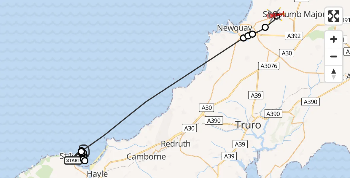 Flight route Air Ambulance Helicopter St. Ives - Cornwall Airport Newquay, 20 July 2026, 15:25