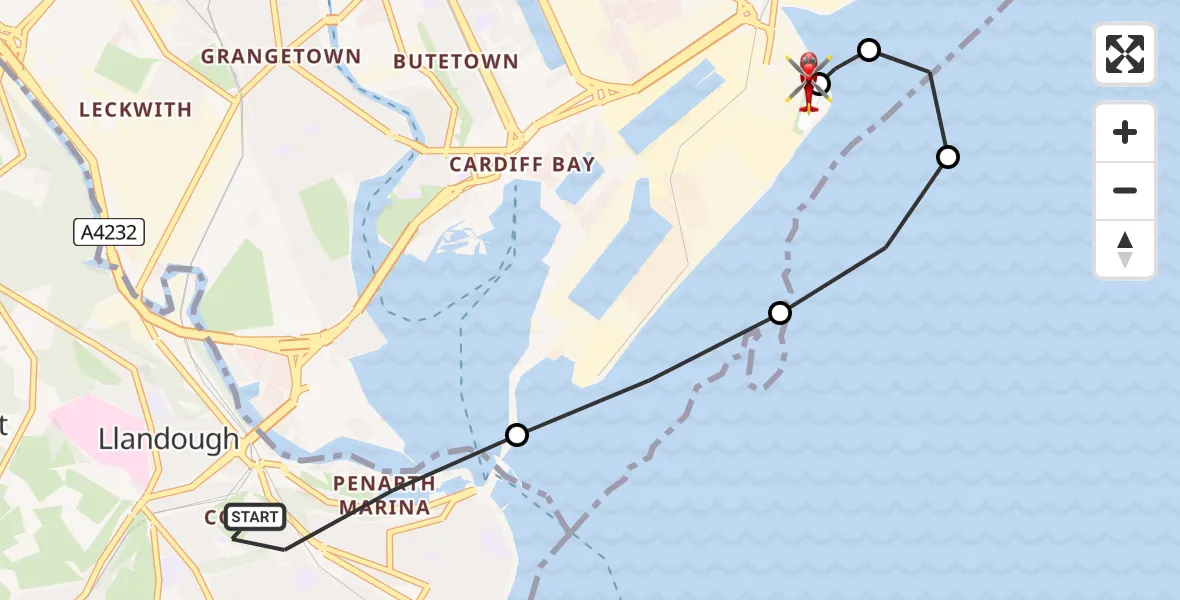 Flight route Air Ambulance Helicopter Penarth - Cardiff Heliport, 20 July 2026, 15:26