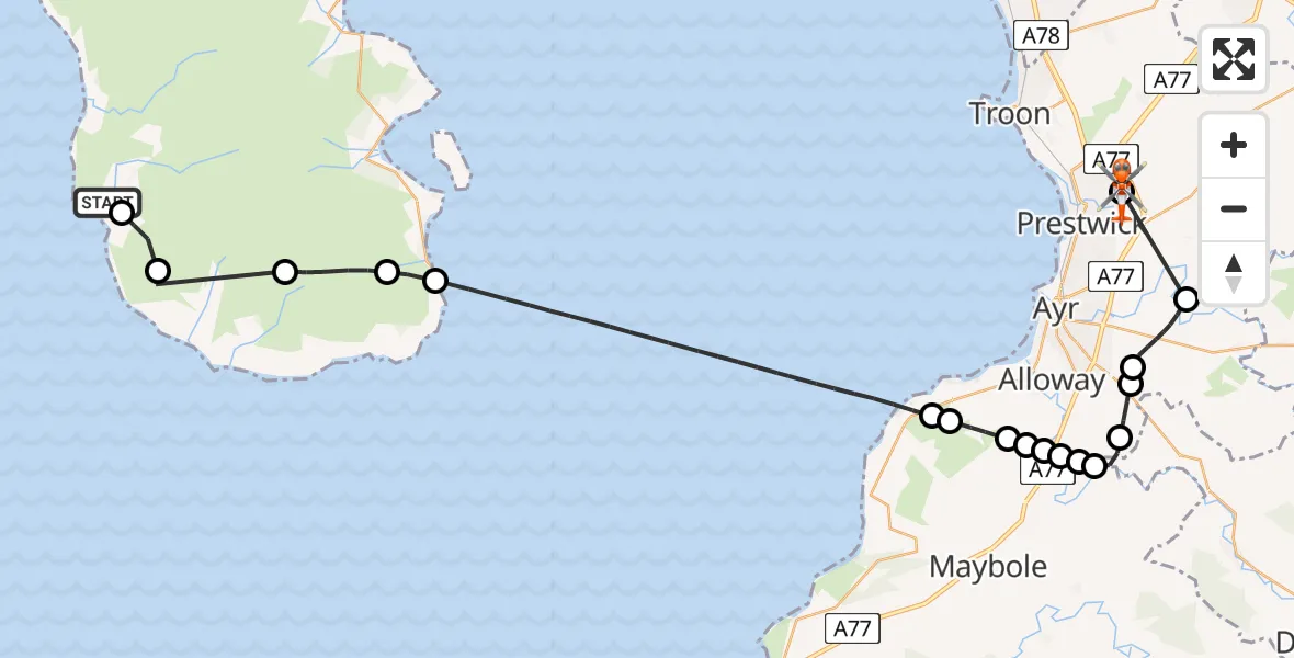 Flight route Coastguard Helicopter Blackwaterfoot - Glasgow Prestwick Airport, 20 July 2026, 15:28