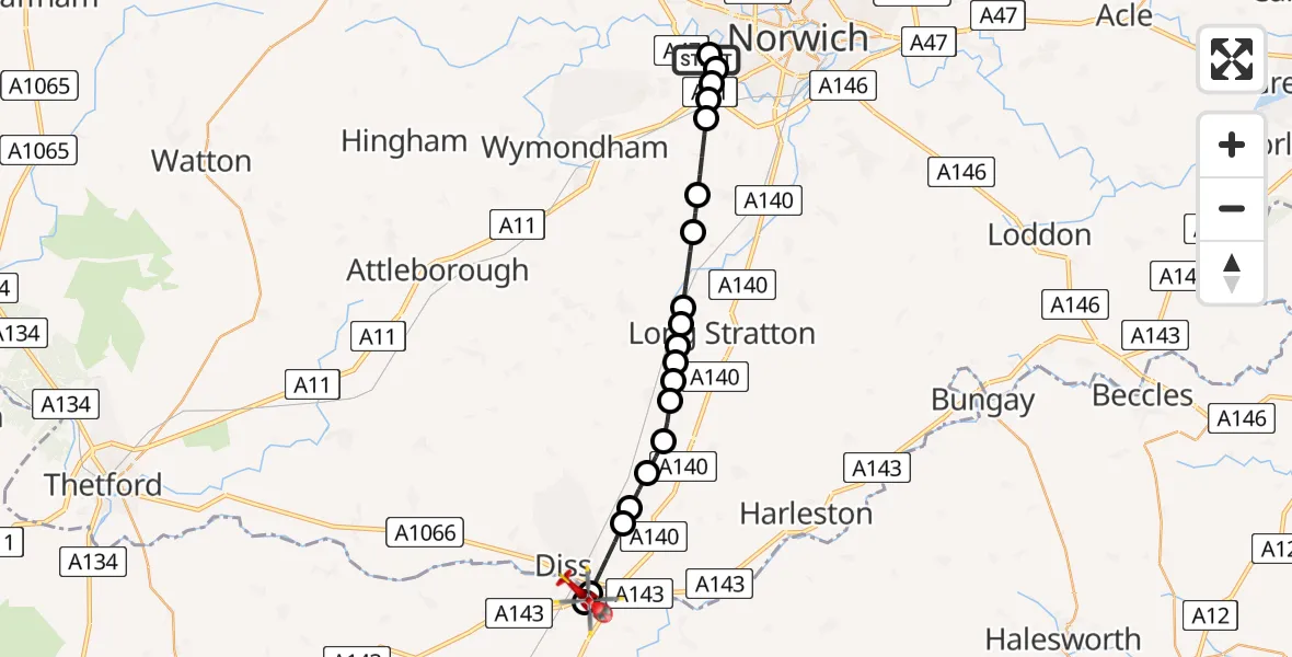 Flight route Air Ambulance Helicopter Norfolk & Norwich Hospital - Diss, 20 July 2026, 15:37