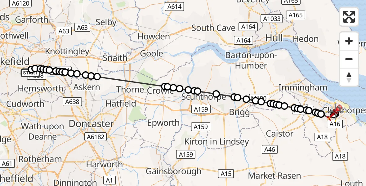 Flight route Air Ambulance Helicopter YAA Nostell Helicopter Port - Grimsby, 20 July 2026, 15:40