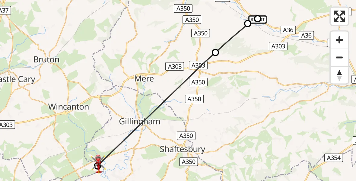 Flight route Air Ambulance Helicopter Codford - Henstridge Airfield, 20 July 2026, 15:43