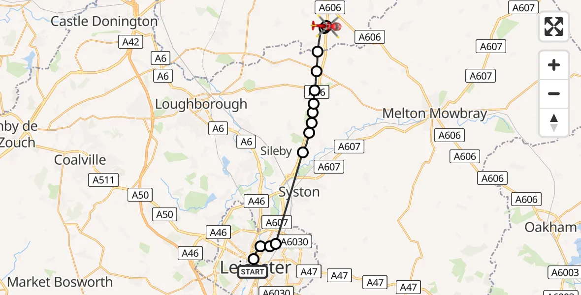 Flight route Air Ambulance Helicopter Black Friars - Nottingham Heliport, 20 July 2026, 15:45
