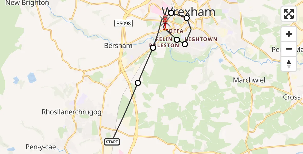 Flight route Air Ambulance Helicopter Johnstown - Felin Puleston, 20 July 2026, 15:52