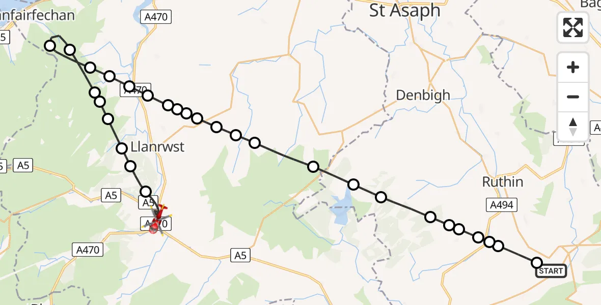 Flight route Air Ambulance Helicopter Bryneglwys - Betws-y-coed, 20 July 2026, 15:52