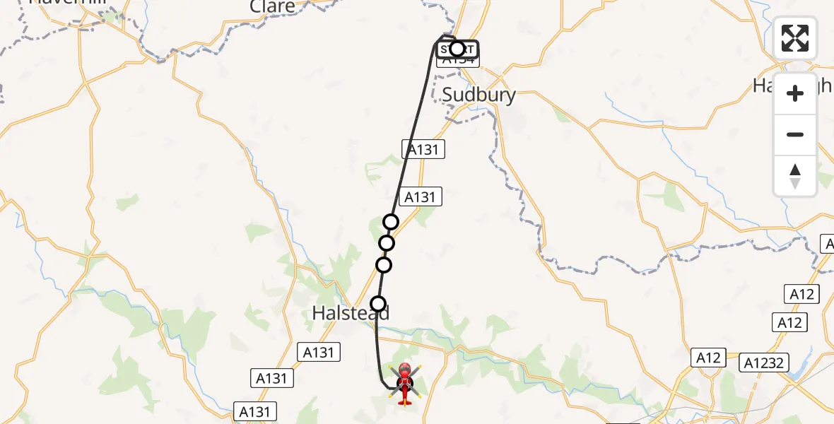 Flight route Air Ambulance Helicopter Sudbury - Earls Colne Airfield, 20 July 2026, 15:59
