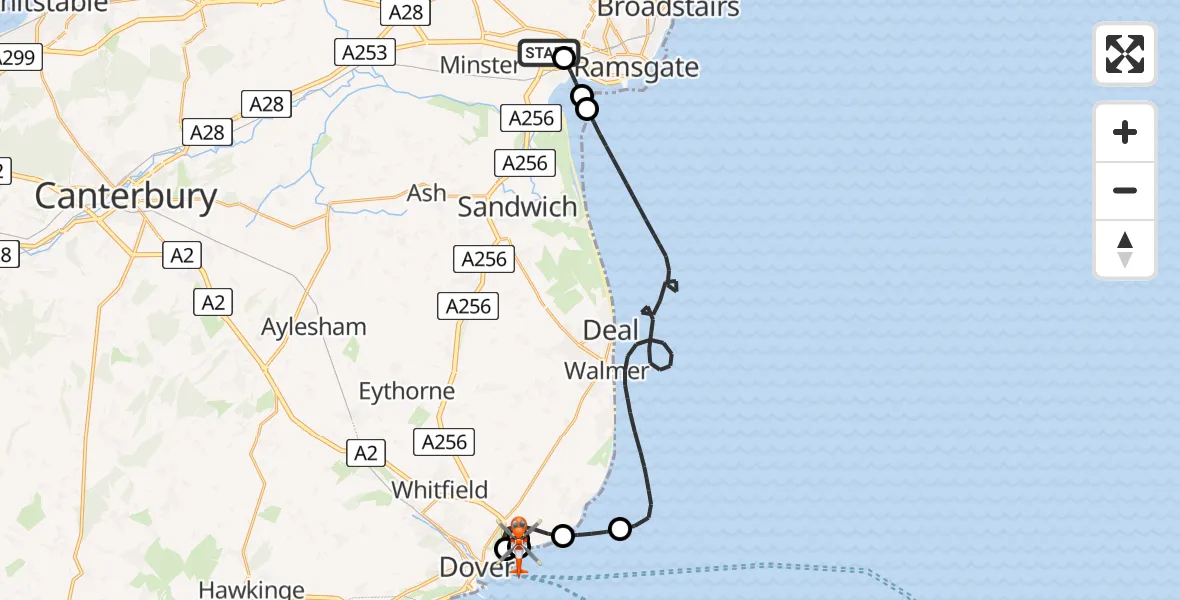 Flight route Coastguard Helicopter Manston Airport - Langdon Battery Heliport, 20 July 2026, 16:06