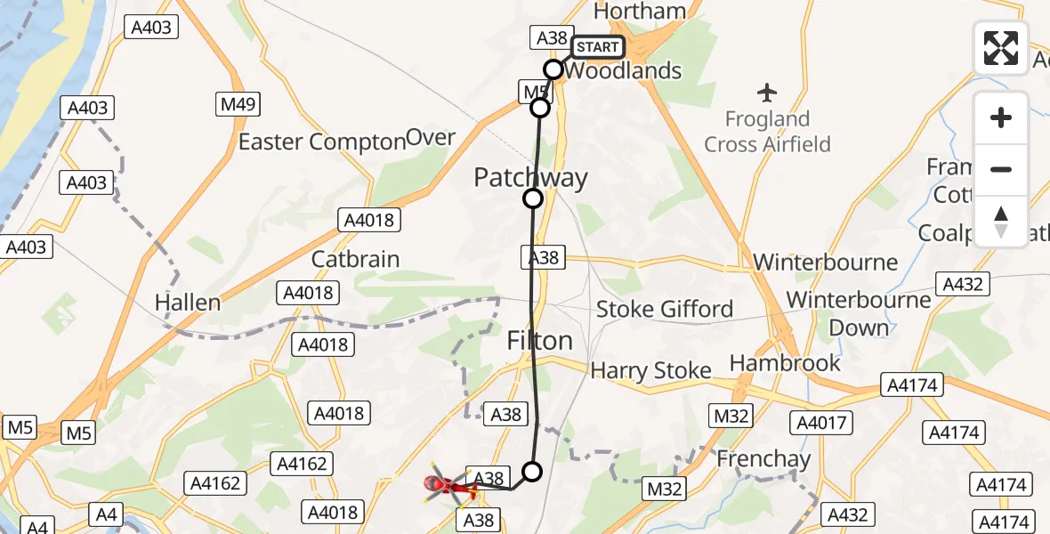 Flight route Air Ambulance Helicopter Almondsbury Helicopter Base - Bristol, 20 July 2026, 16:17