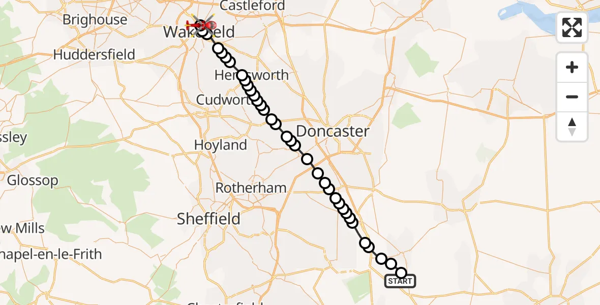 Flight route Air Ambulance Helicopter Retford Gamston Airport - Stanley, 20 July 2026, 16:19
