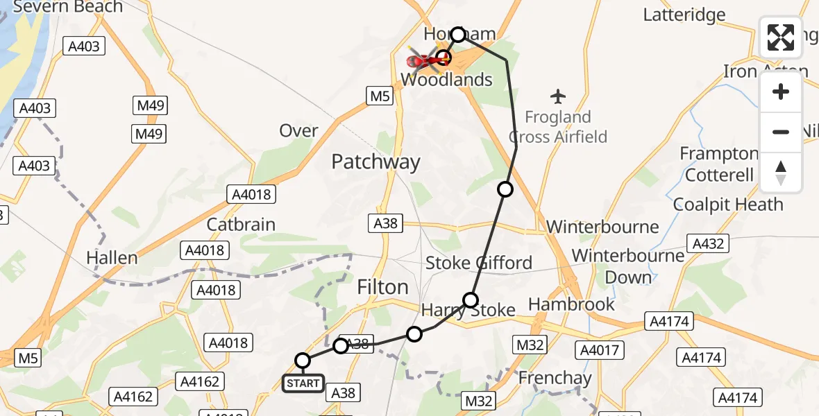 Flight route Air Ambulance Helicopter Southmead Hospital - Almondsbury Helicopter Base, 20 July 2026, 16:26