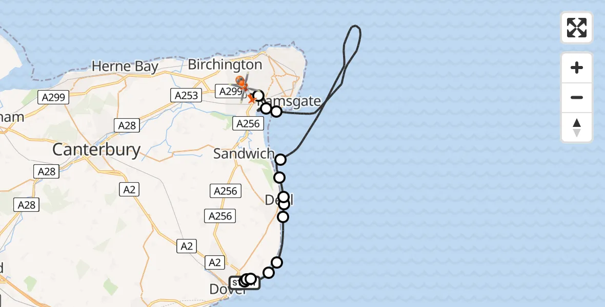 Flight route Coastguard Helicopter Langdon Battery Heliport - Manston Airport, 20 July 2026, 16:26