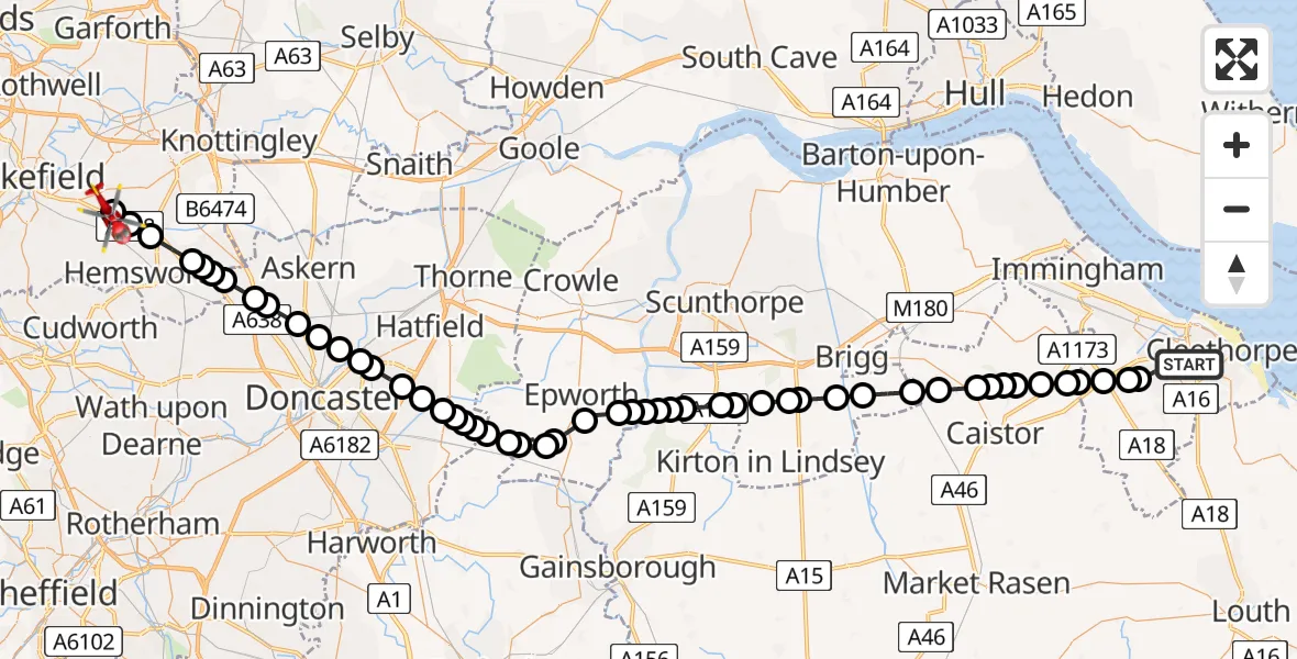 Flight route Air Ambulance Helicopter Grimsby - YAA Nostell Helicopter Port, 20 July 2026, 16:35