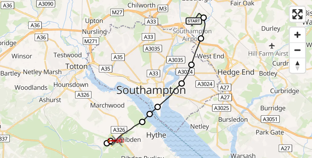 Flight route Air Ambulance Helicopter Southampton Airport - Dibden, 20 July 2026, 16:38
