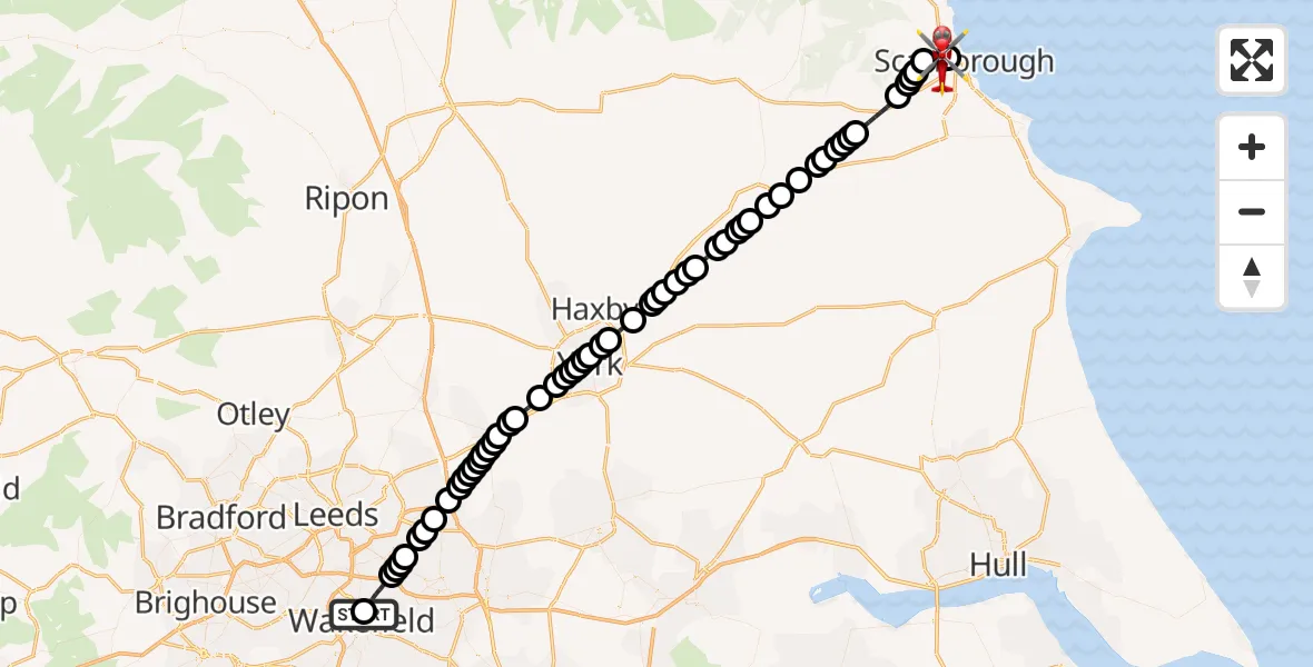Flight route Air Ambulance Helicopter Newton Hill - Scarborough, 20 July 2026, 16:51