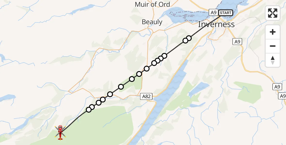 Flight route Air Ambulance Helicopter Inverness - Highland, 20 July 2026, 16:59