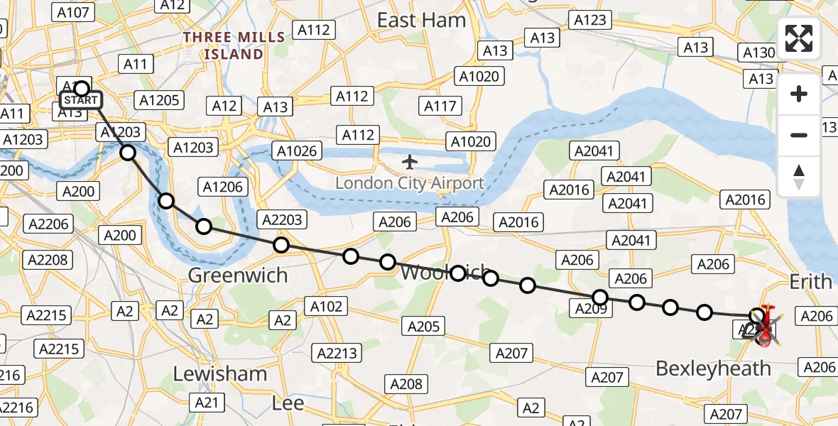 Flight route Air Ambulance Helicopter Royal London Hospital - Bexleyheath, 20 July 2026, 17:07
