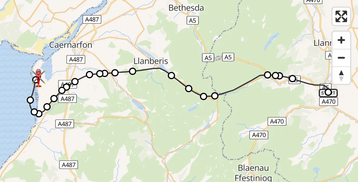 Flight route Air Ambulance Helicopter Waterloo Hotel Helistrip - Caernarfon Airport, 20 July 2026, 17:15