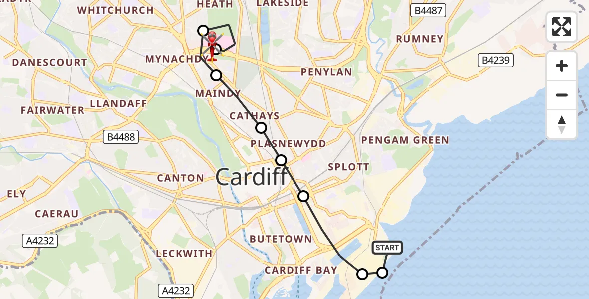 Flight route Air Ambulance Helicopter Cardiff Heliport - Gabalfa, 20 July 2026, 17:15