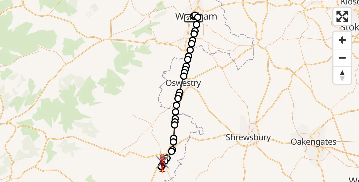 Flight route Air Ambulance Helicopter Felin Puleston - Welshpool Airport, 20 July 2026, 17:20