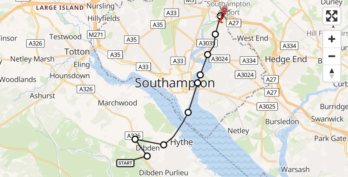 Flight route Air Ambulance Helicopter Dibden - Mansbridge, 20 July 2026, 17:26