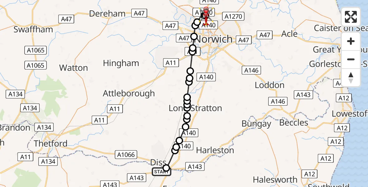 Flight route Air Ambulance Helicopter Diss - Norwich Airport, 20 July 2026, 17:38