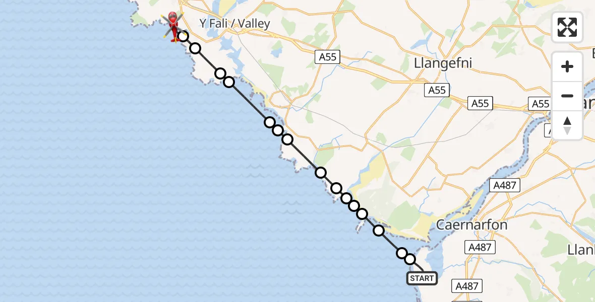 Flight route Air Ambulance Helicopter Caernarfon Airport - Trearddur, 20 July 2026, 17:56