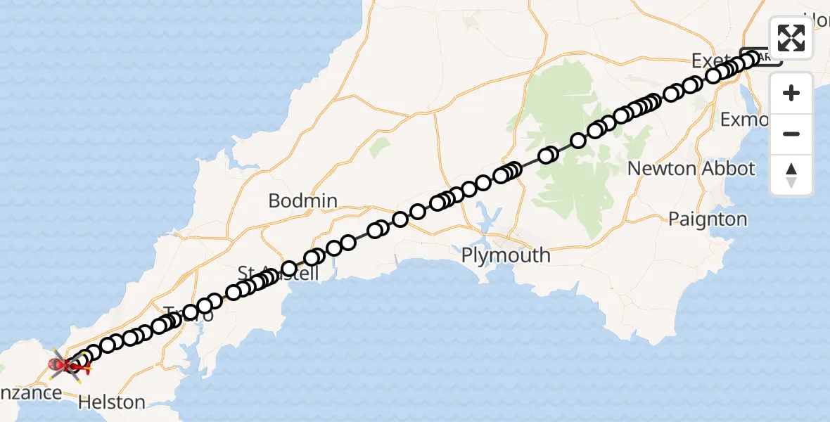 Flight route Air Ambulance Helicopter Exeter International Airport - Hayle, 20 July 2026, 18:03