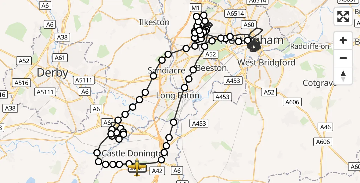 Flight route Police Aircraft East Midlands Airport - East Midlands Airport, 20 July 2026, 18:30