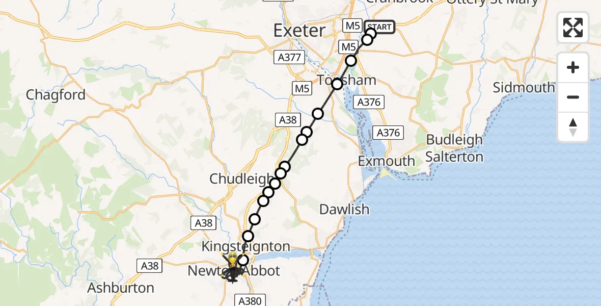 Flight route Police Helicopter Exeter International Airport - Newton Abbot, 20 July 2026, 18:43