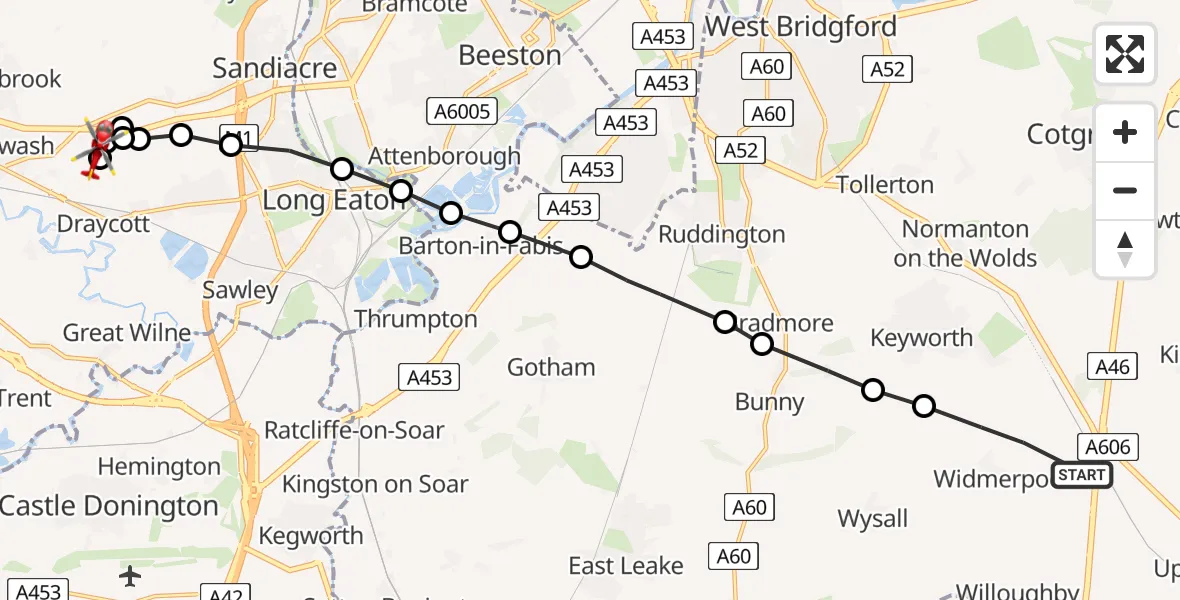 Flight route Air Ambulance Helicopter Widmerpool - Erewash, 20 July 2026, 18:52