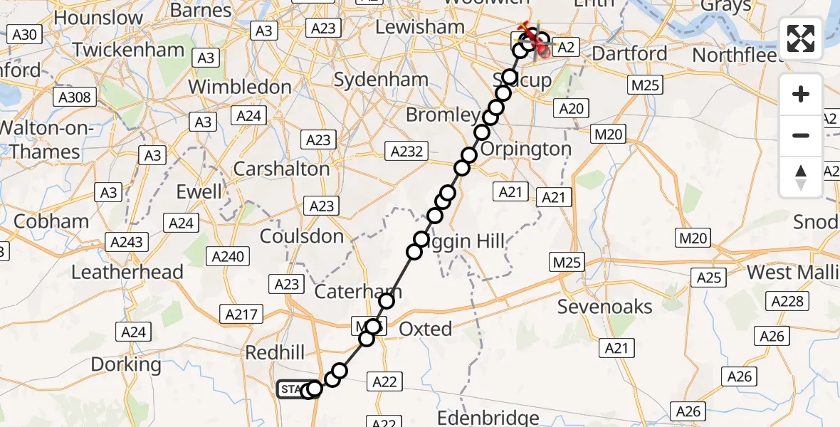 Flight route Air Ambulance Helicopter Redhill Aerodrome - Blackfen, 20 July 2026, 18:58