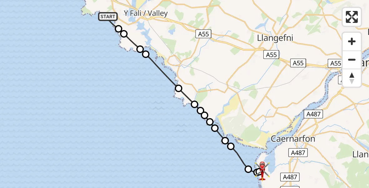 Flight route Air Ambulance Helicopter Trearddur - Caernarfon Airport, 20 July 2026, 18:59