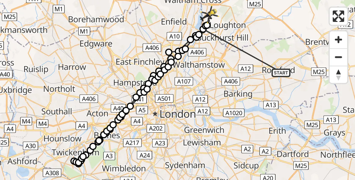 Flight route Police Helicopter Rush Green - Epping Forest, 20 July 2026, 19:04
