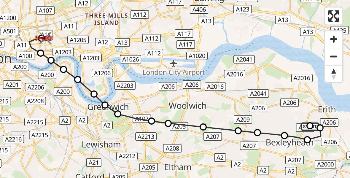Flight route Air Ambulance Helicopter Northumberland Heath - Royal London Hospital, 20 July 2026, 19:04