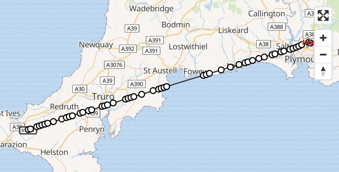Flight route Air Ambulance Helicopter St. Erth - Derriford Hospital, 20 July 2026, 19:08