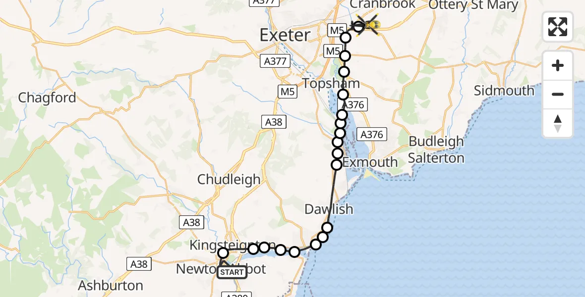 Flight route Police Helicopter Newton Abbot - Exeter International Airport, 20 July 2026, 19:19