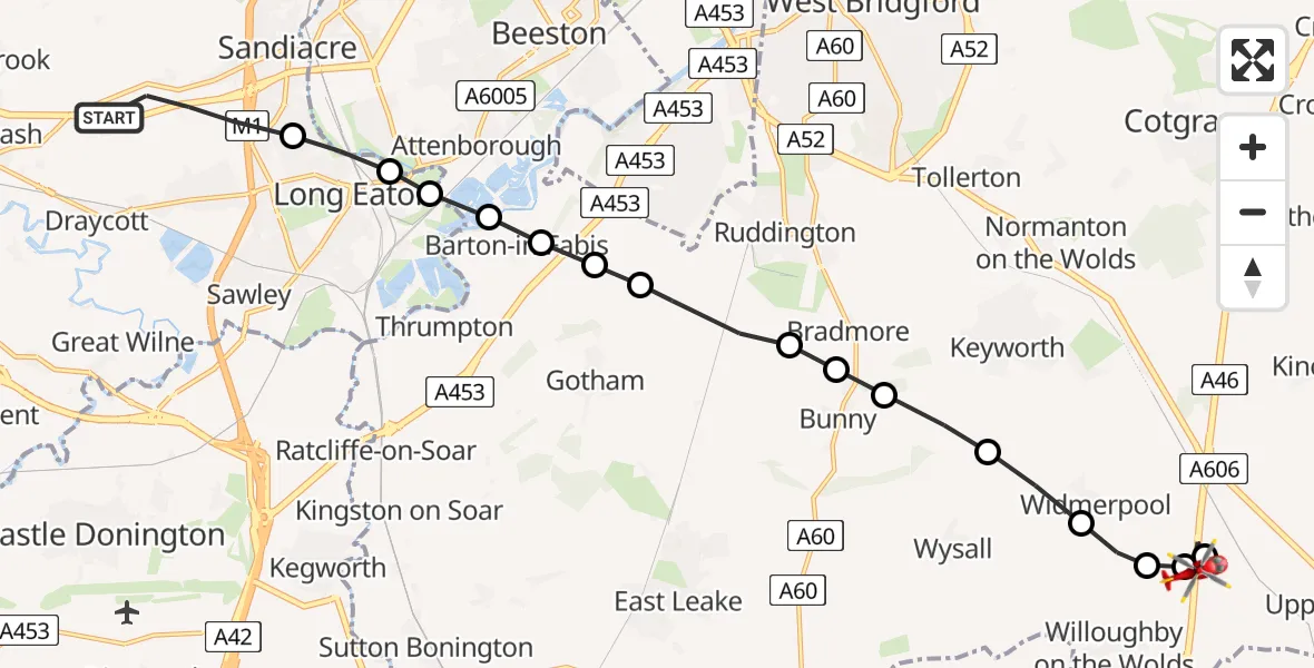 Flight route Air Ambulance Helicopter Risley - Widmerpool, 20 July 2026, 19:23