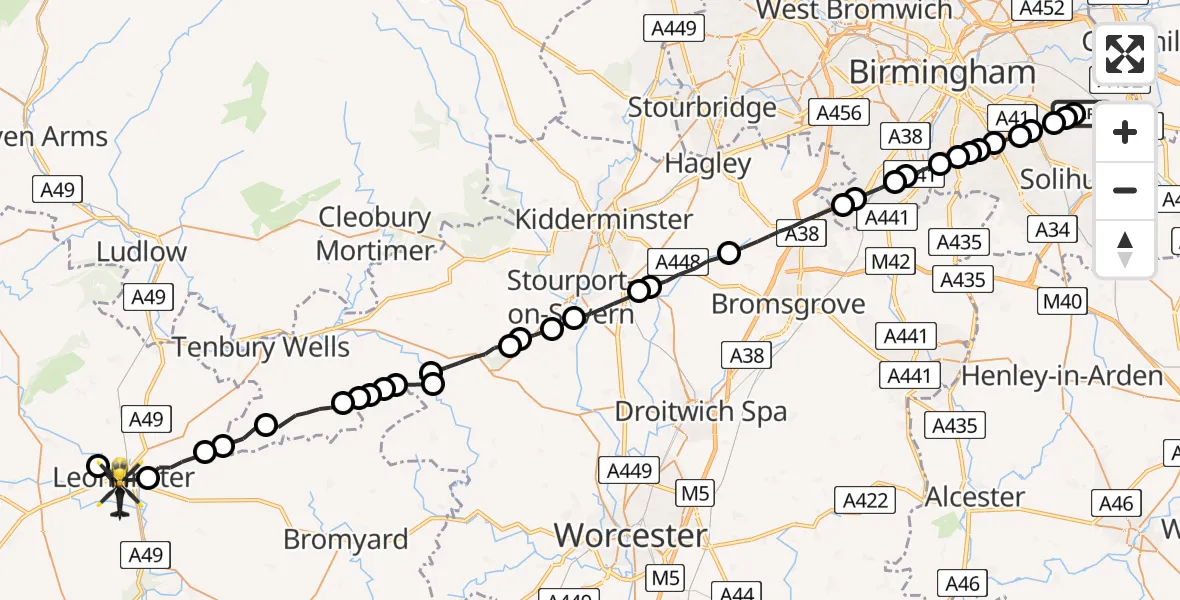 Flight route Police Helicopter Birmingham Airport - Leominster, 20 July 2026, 19:32