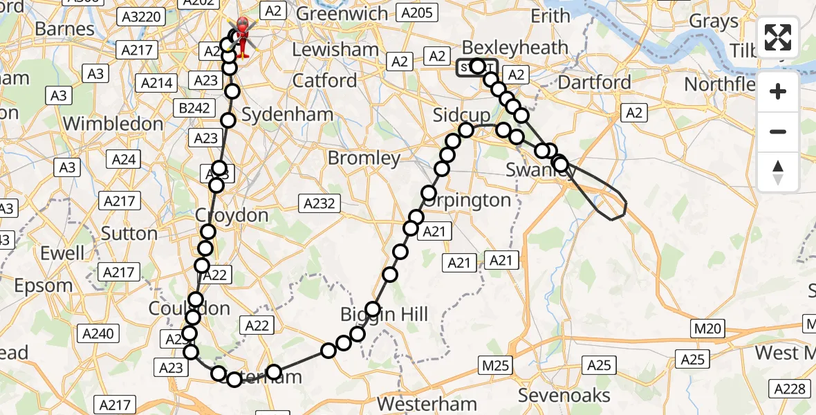 Flight route Air Ambulance Helicopter Welling - Kings College London Hospital, 20 July 2026, 19:38