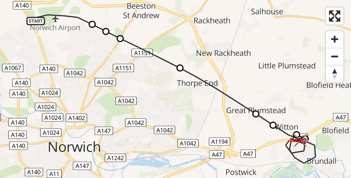 Flight route Air Ambulance Helicopter Norwich Airport - Brundall, 20 July 2026, 19:40
