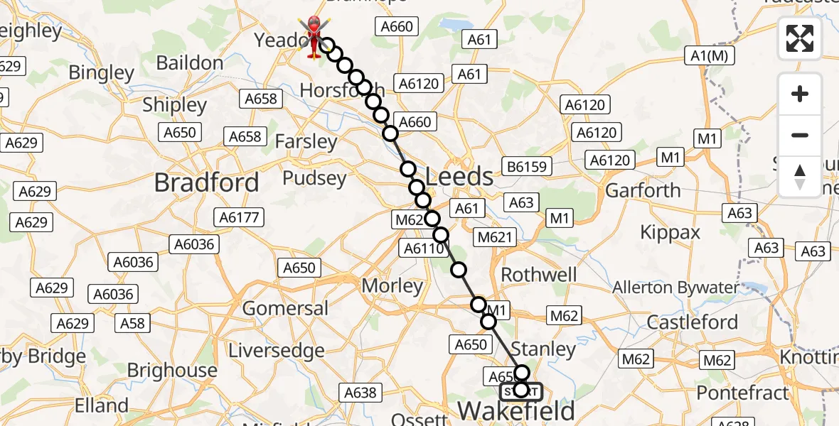 Flight route Air Ambulance Helicopter Newton Hill - Leeds Bradford Airport, 20 July 2026, 19:40