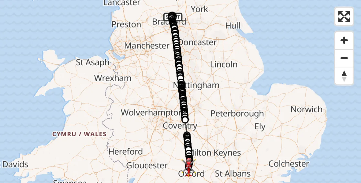 Flight route Air Ambulance Helicopter Leeds Bradford Airport - London Oxford Airport, 20 July 2026, 20:04