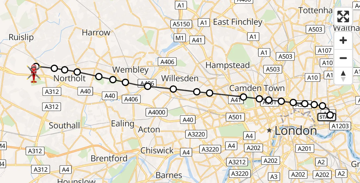 Flight route Air Ambulance Helicopter Royal London Hospital - RAF Northolt, 20 July 2026, 20:07