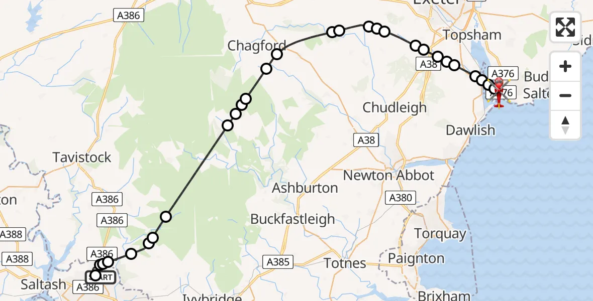 Flight route Air Ambulance Helicopter Derriford Hospital - Exmouth, 20 July 2026, 20:10