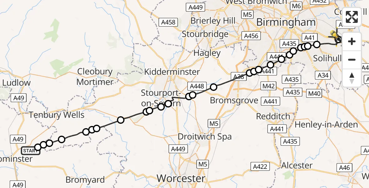 Flight route Police Helicopter Kimbolton - Birmingham Airport, 20 July 2026, 20:14
