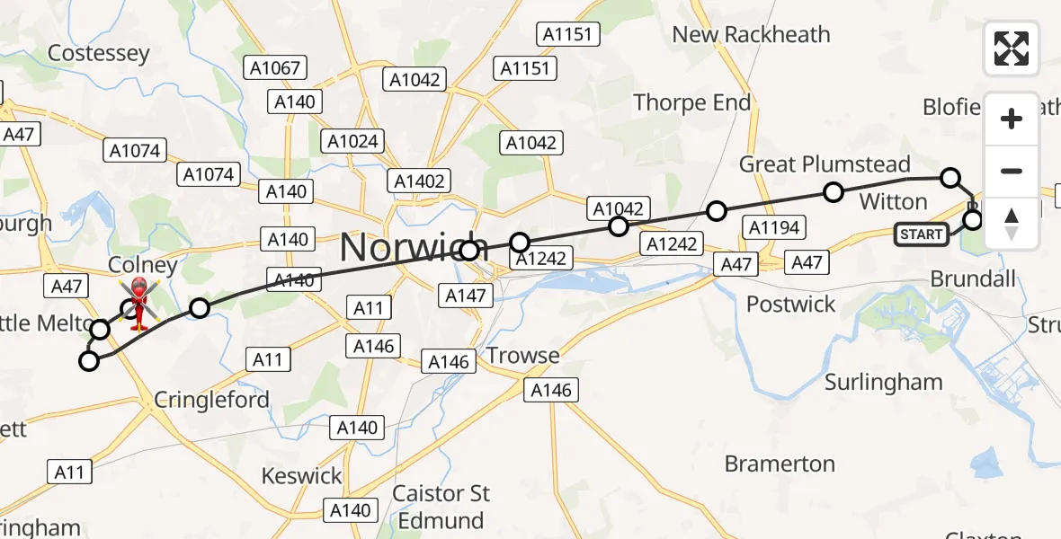 Flight route Air Ambulance Helicopter Brundall - Norfolk & Norwich Hospital, 20 July 2026, 20:24
