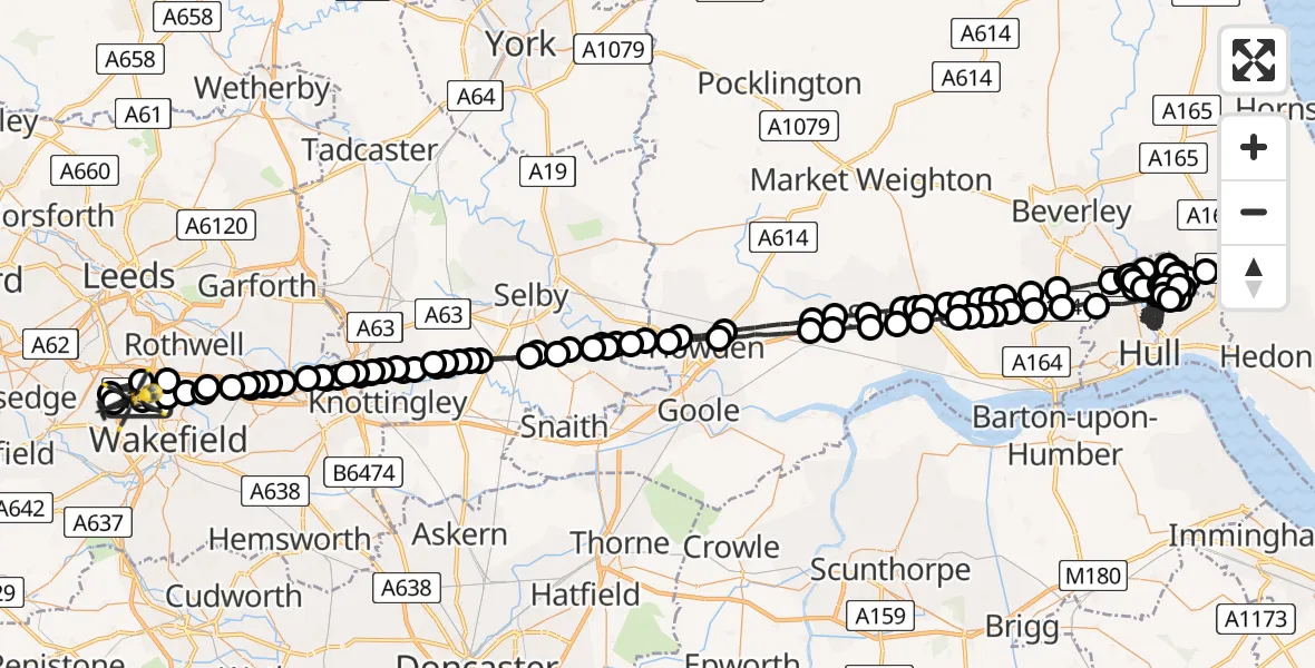 Flight route Police Helicopter Brandy Carr - East Ardsley, 20 July 2026, 20:34