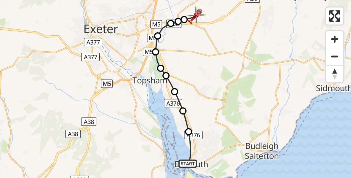 Flight route Air Ambulance Helicopter Exmouth - Exeter International Airport, 20 July 2026, 20:36