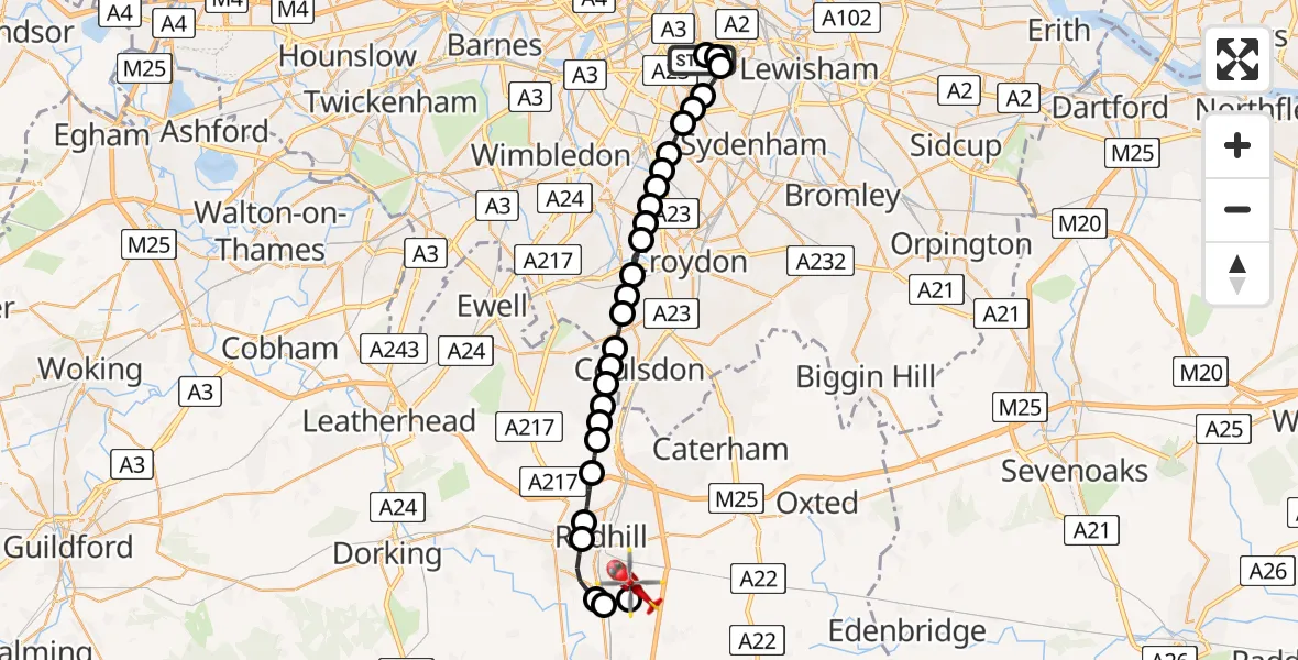 Flight route Air Ambulance Helicopter Kings College London Hospital - Redhill Aerodrome, 20 July 2026, 20:58